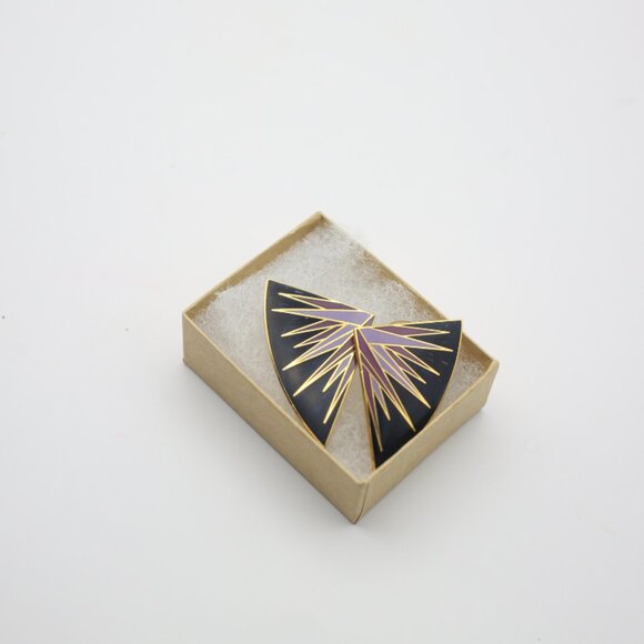 Vintage Isle of Skye Purple & Black Fan Earrings, Cloisonné Gold Plated Enamel - Picture 1 of 9